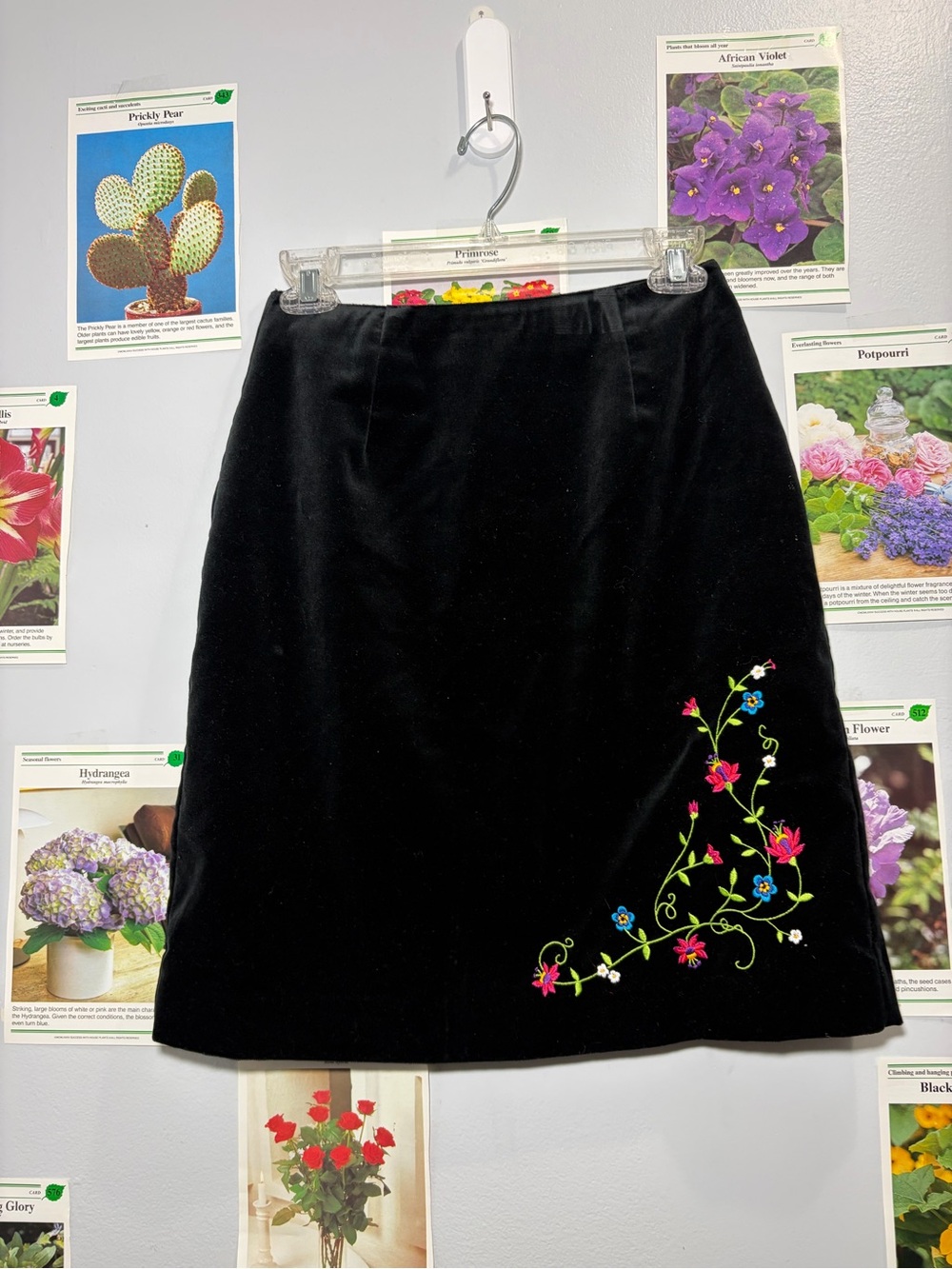 Hanna Andersson Black Velvet Mini Skirt with Multicolor Floral Embroidery